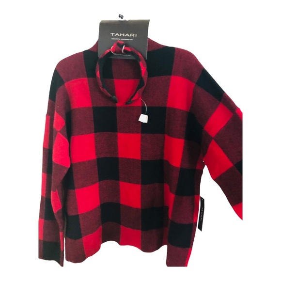 Tahari red & black plaid look mock neck sweater &‎ knotted headband size XL new - Picture 7 of 11